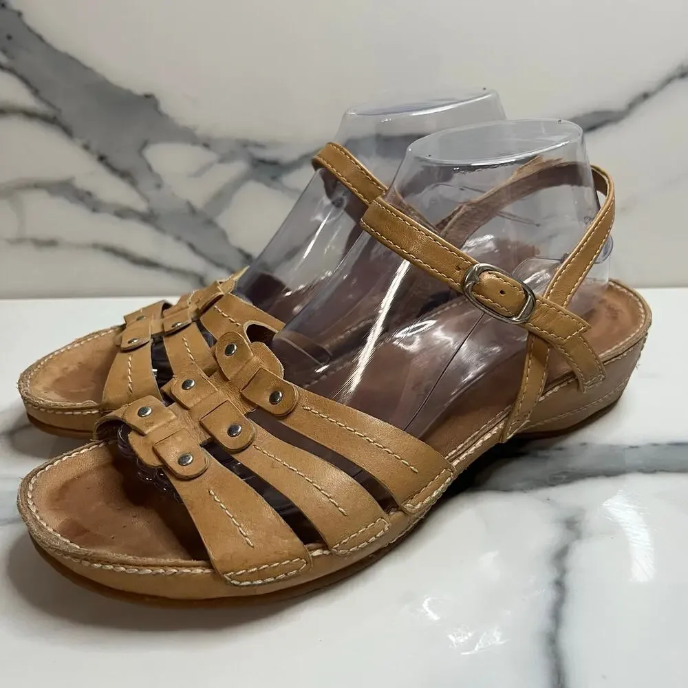 Gabor Womens Tan Leather Low Wedge Sandals US Sz 9 Strappy Comfort Festival Boho